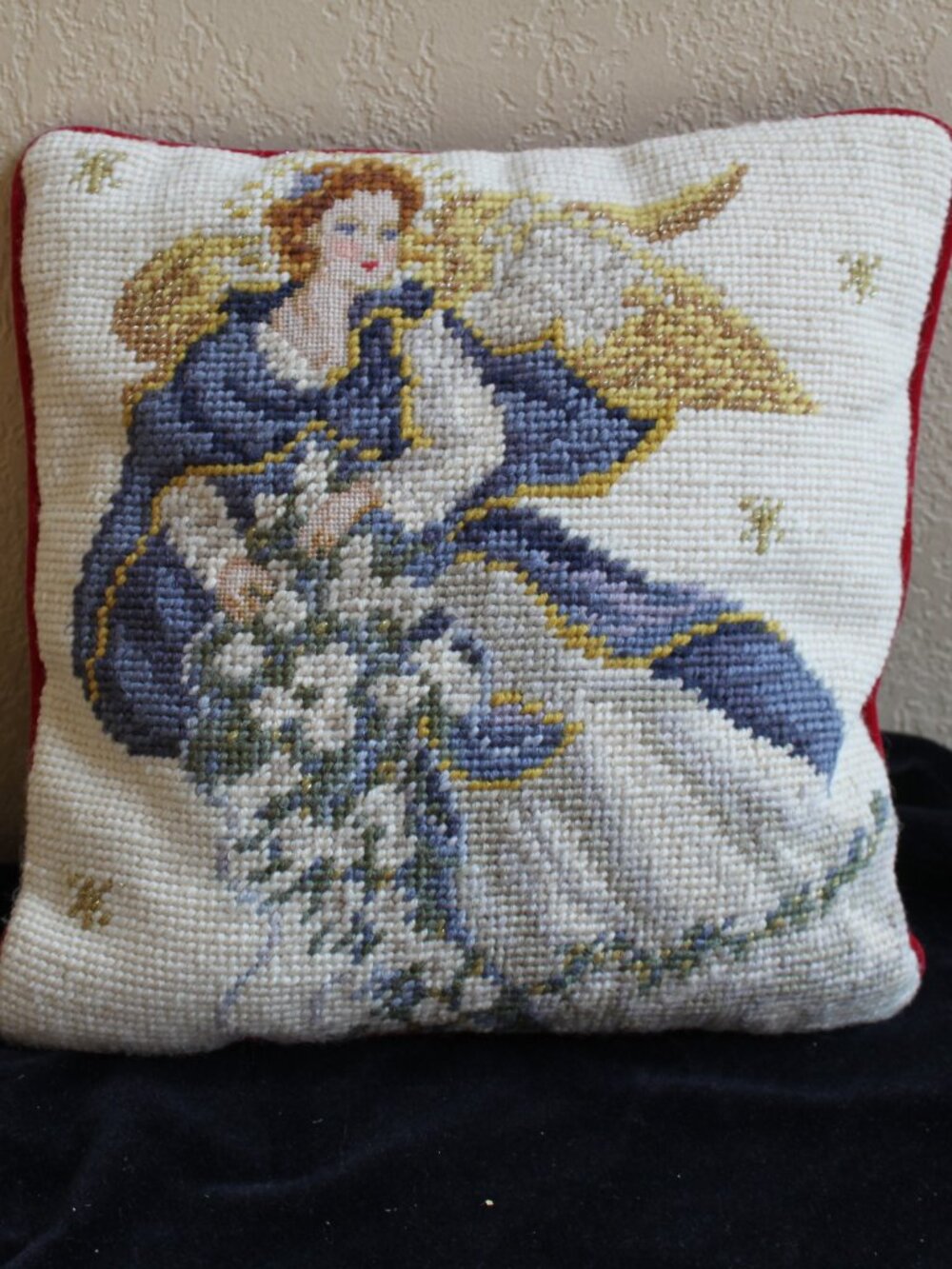 Beautiful Handsewn Needlepoint Angel Throw Pillow Wool Velvet 9.5" Square